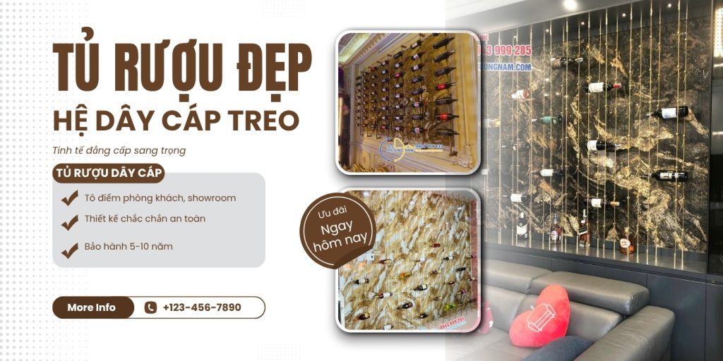 Tủ rượu đẹp bằng dây cáp - treo rượu độc đáo sang trọng